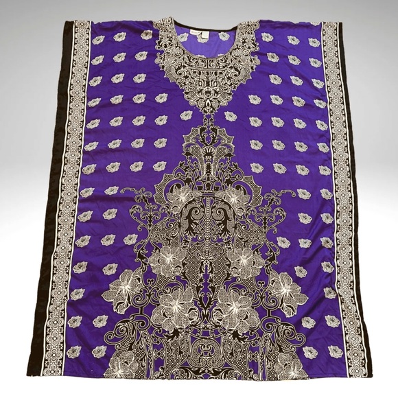 Sante Classics Kaftan One Size Maxi Cover Up Pullover Purple Black Housedress - Picture 3 of 10